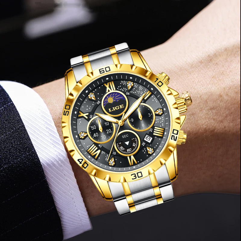 LIGE Top Brand Luxury Quartz M - Luxury Watch Moon Phase 评论和价格